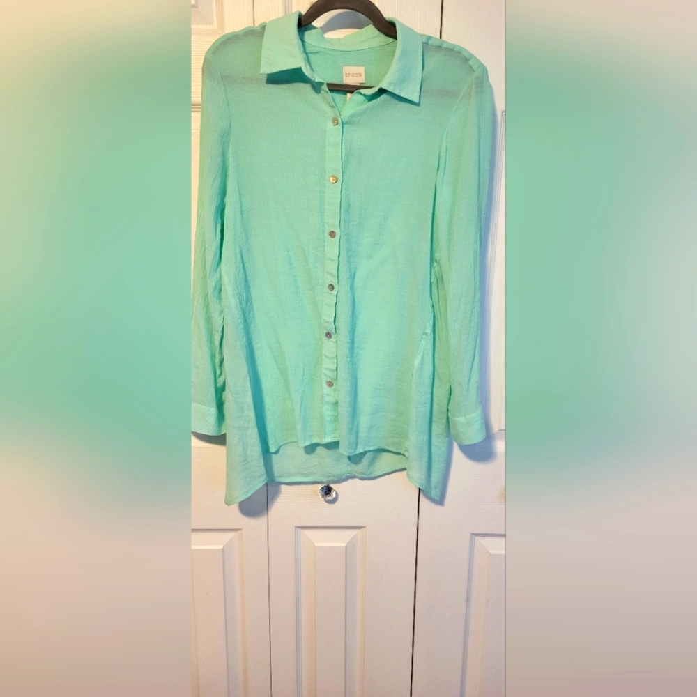 Chico's Roll Tab Sleeve Button Down Sheer Top  Sz 1 P2P 19" X 26" Long